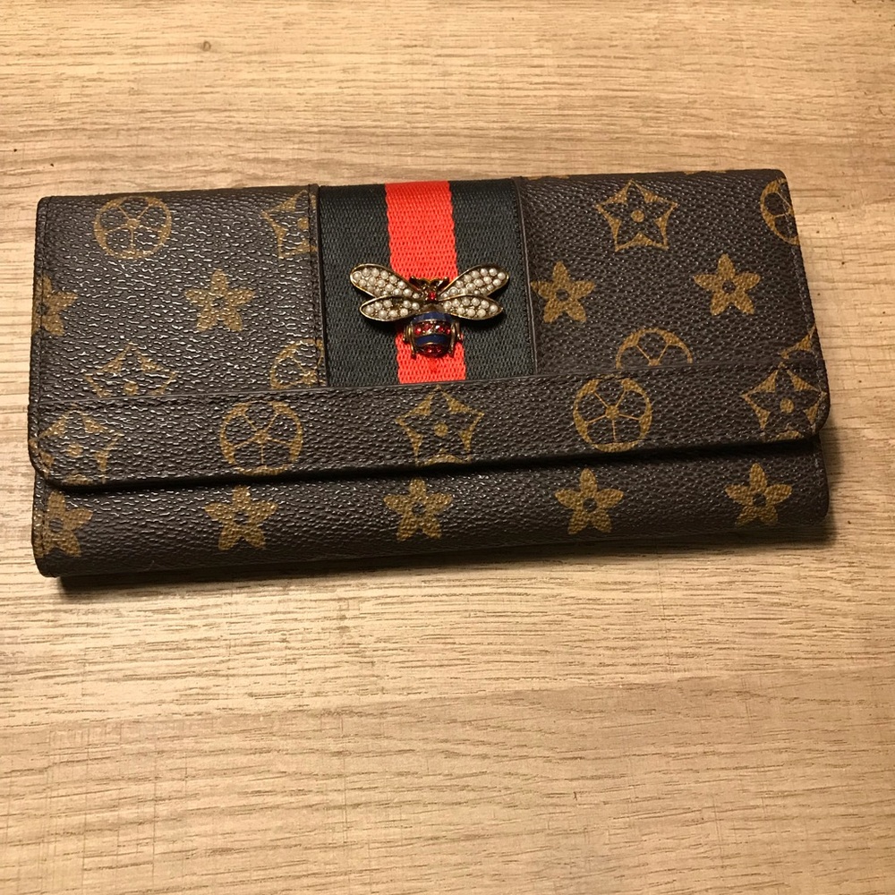 Monogram Brown Bee-Embellished  Stripped Leather Wallet